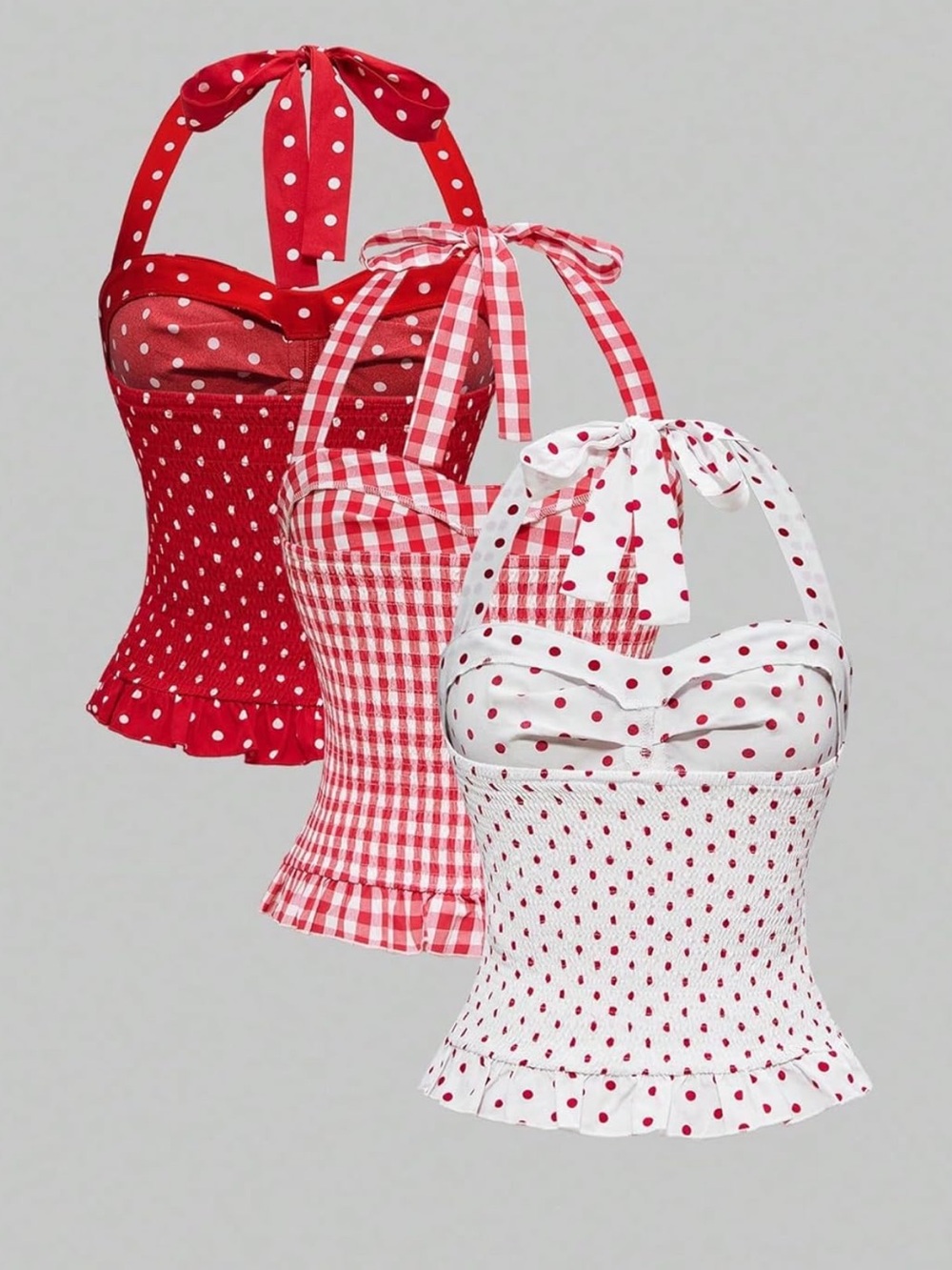 Polka Dot & Gingham Halter Tops - Red and White Set of 3- XS NEW